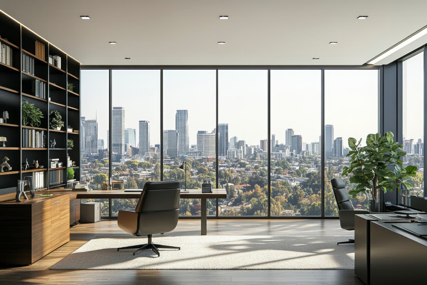 An empty corner office with a desk, two chairs, and floor-to-ceiling windows looking out over a city skyline.