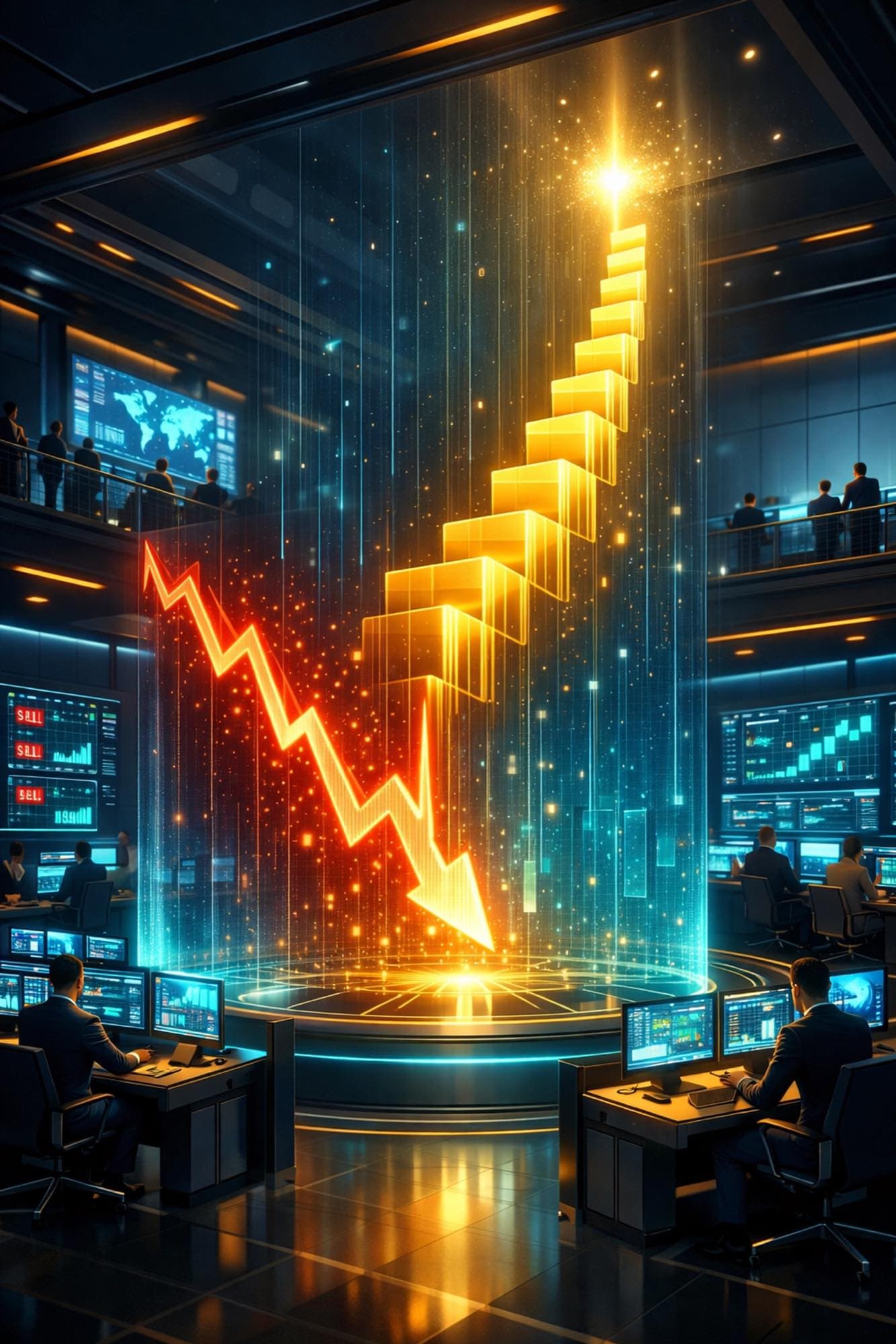 A trading floor with a red line plunging across it and a gold stepped line climbing back up above the fall