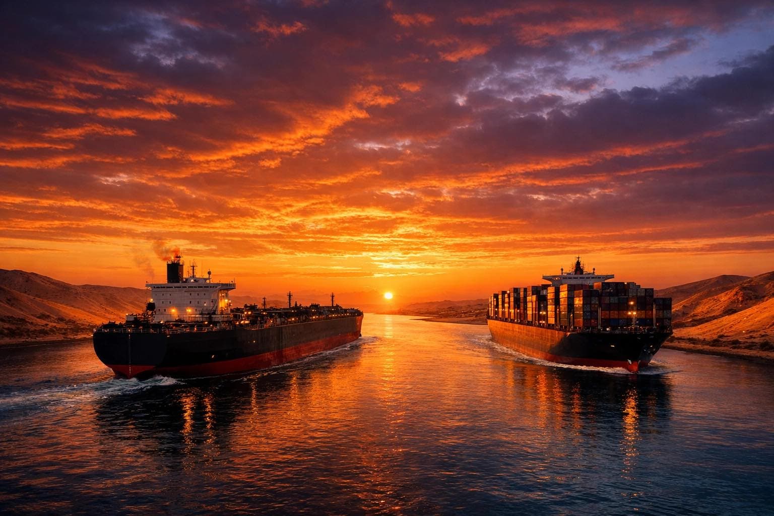 An oil tanker and a container ship passing each other in a narrow channel at sunset