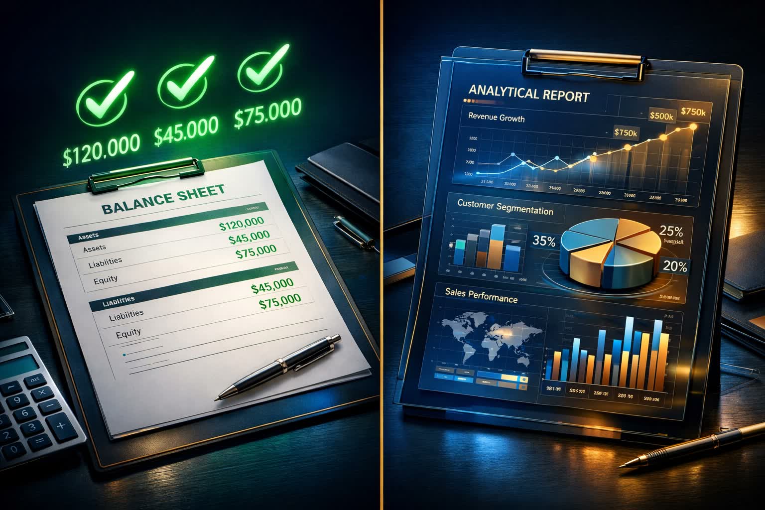 A printed balance sheet on a clipboard beside a tablet showing revenue growth, customer segmentation and sales performance charts