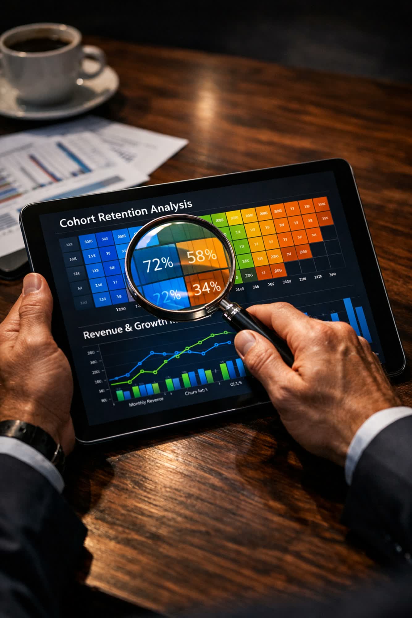 Hands holding a tablet and a magnifying glass over a cohort retention heat map above a revenue and growth chart
