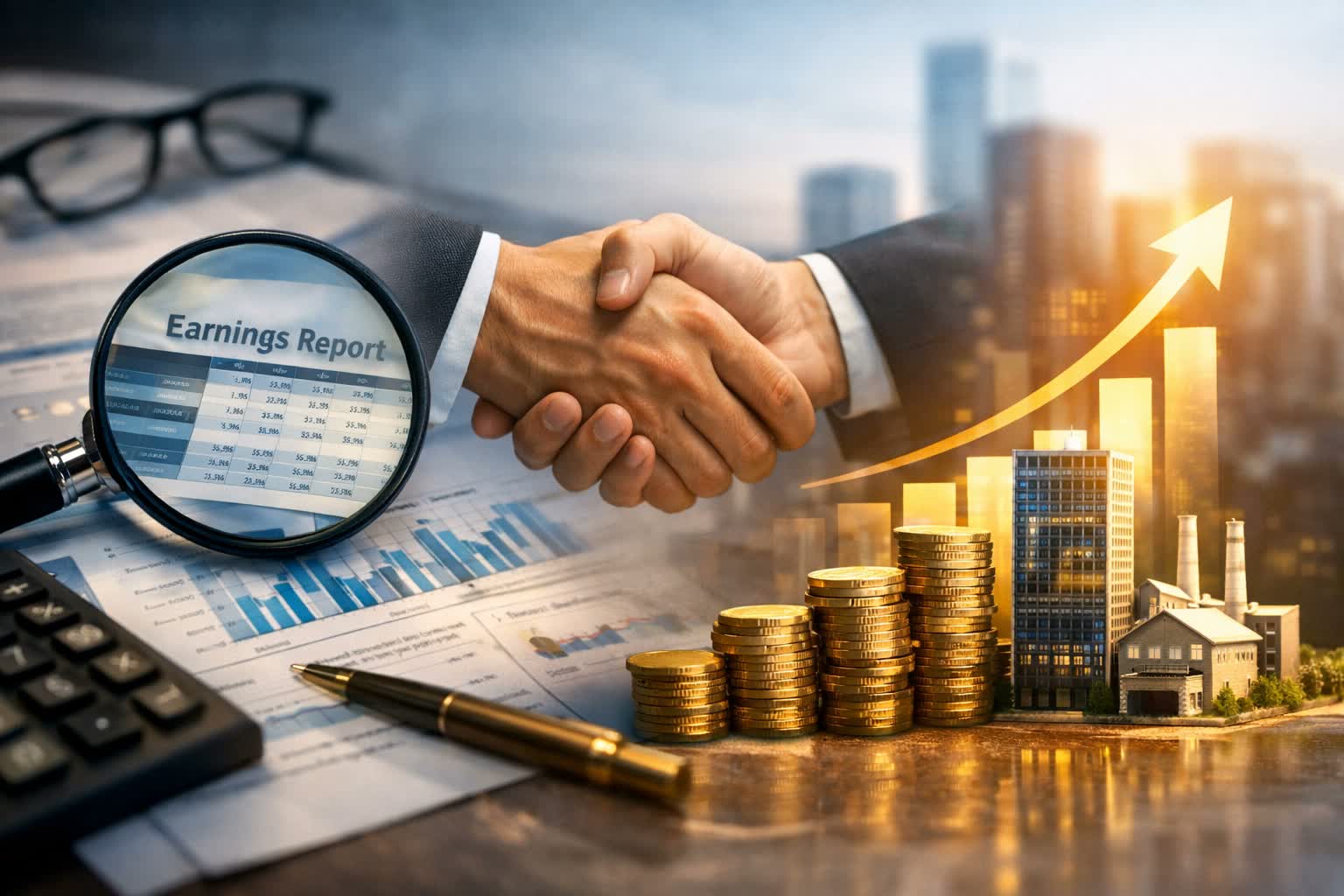 A handshake behind an earnings report seen through a magnifying glass, with a calculator, printed charts, stacked coins and a rising arrow over a city skyline