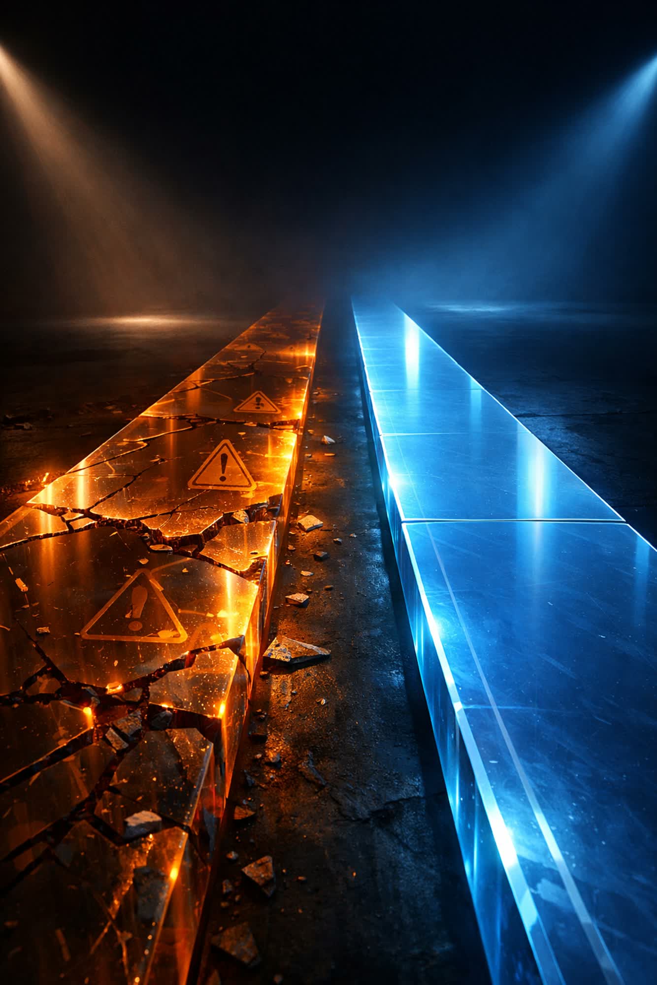 Two parallel walkways receding into the dark, one cracked and glowing orange under hazard triangles, the other smooth and lit blue