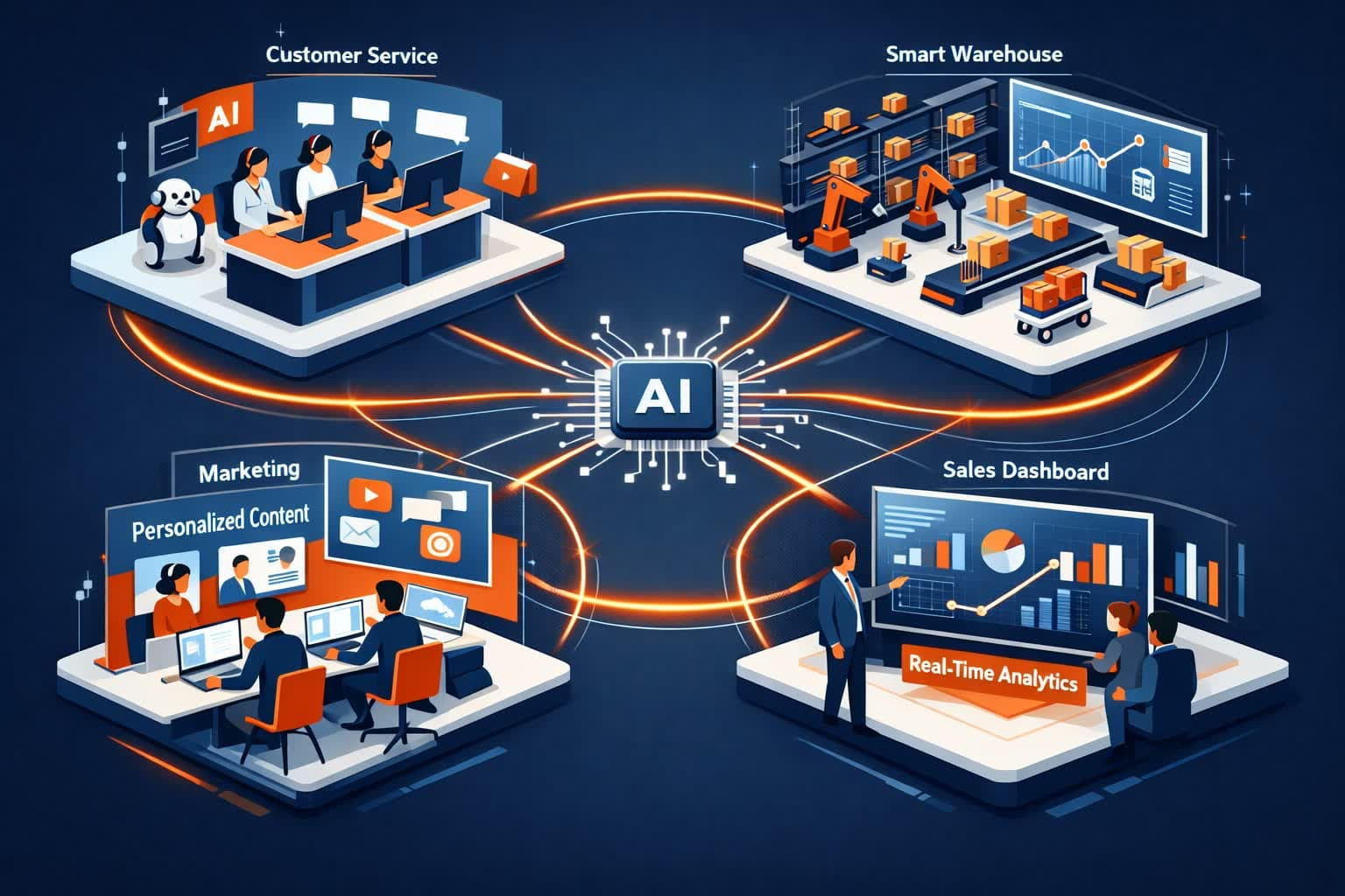 Four operating scenes, customer service, smart warehouse, marketing and a sales dashboard, wired by orange lines into a central AI chip