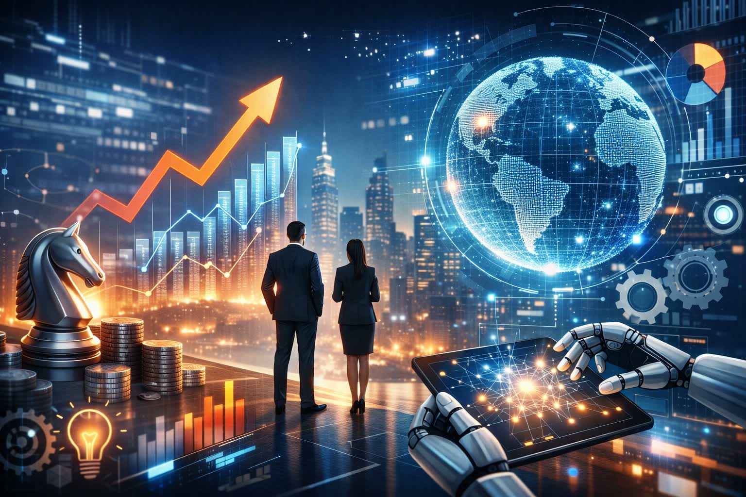 Two executives looking out over a night skyline, with a rising chart, a digital globe and a robotic hand holding a tablet around them