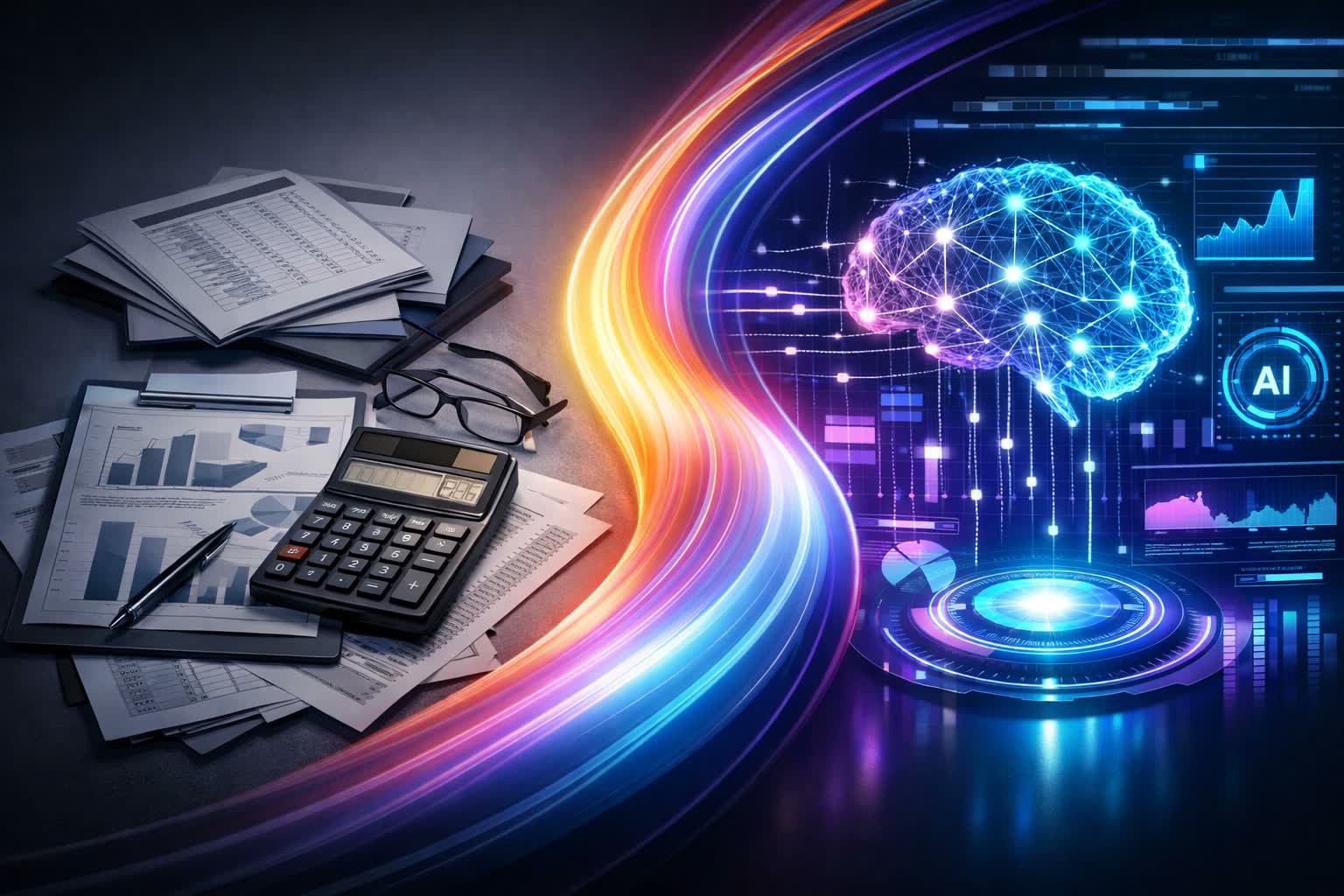 Paper spreadsheets, glasses and a calculator on one side, a glowing neural-network brain and AI dashboards on the other, divided by a sweep of light
