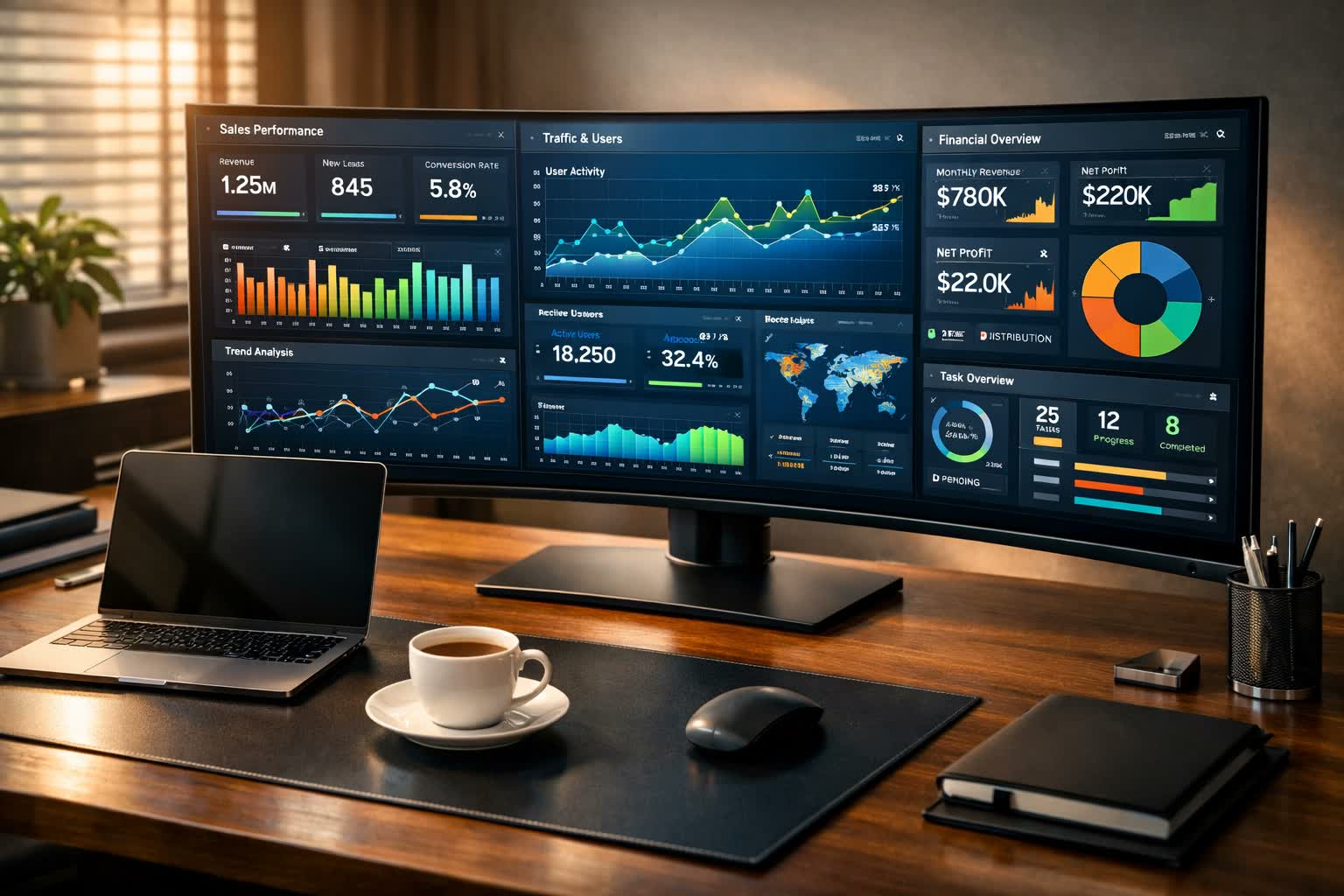 A curved desktop monitor showing sales performance, traffic, financial overview and task panels side by side